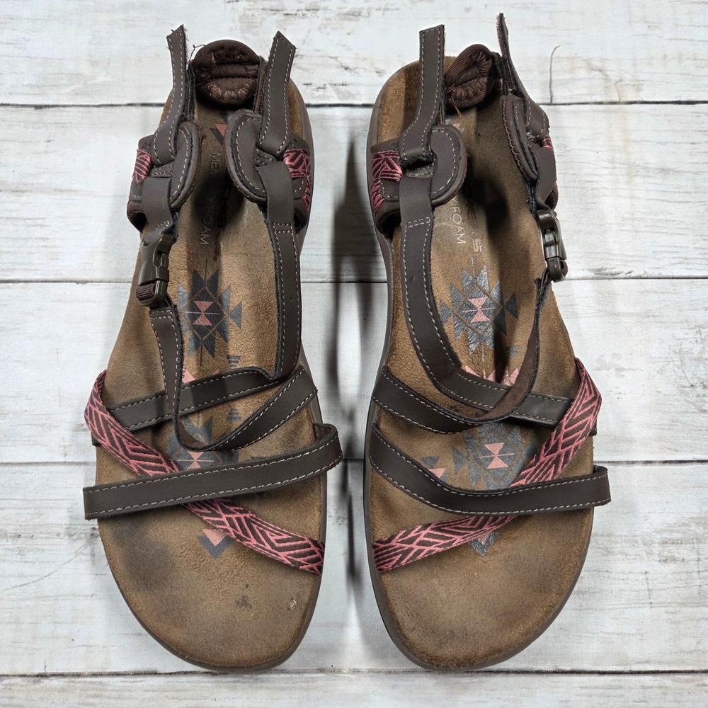Skechers Strappy Sandals Women 9 Brown Pink Memory Foam Southwestern Sporty